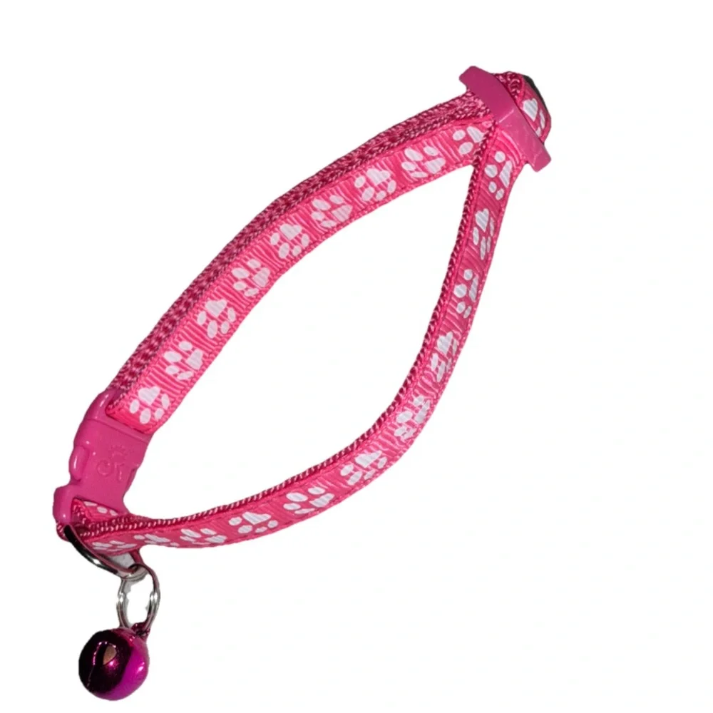 Pet Collar w/Bell Pink White Paw Patterned SM-MD Adjustable NEW